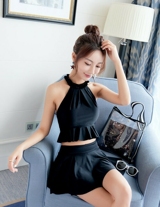 全2色 ハイネック水着 ビスチェ バックシャン スカート 大人可愛い 体型カバー リゾート Arroser