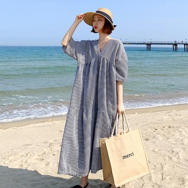 Vネック ゆったり ワンピース 夏 人気 おしゃれ エレガント Nikkihouse