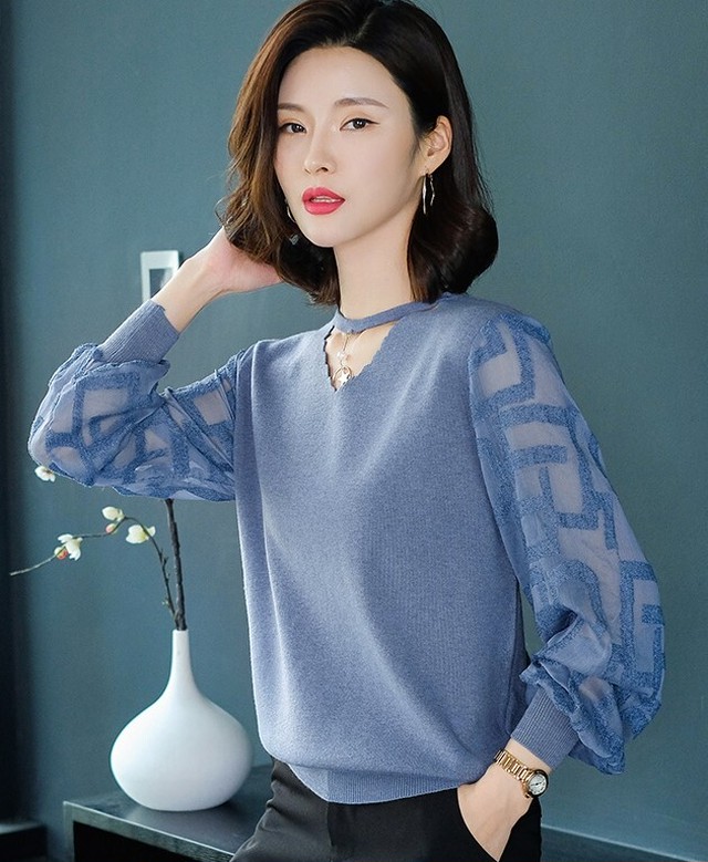 トップス プルオーバー シャツ ニット Vネック レディース 異素材ミックス 秋冬 オフィス 長袖 ママコーデ Ab1855 Valentina210