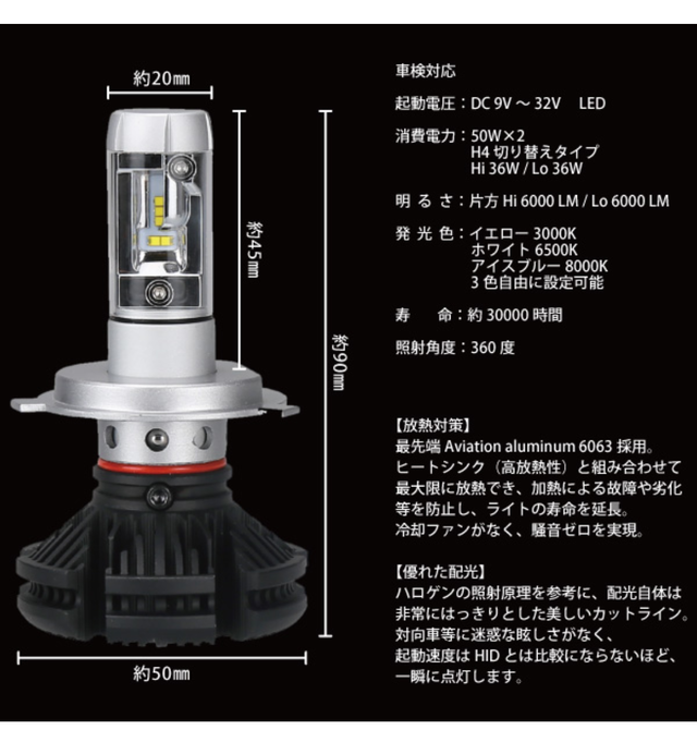 100lm X3 Led ヘッドライト フォグランプ H4 カットライン調整 防水 一年保証 Le Futur