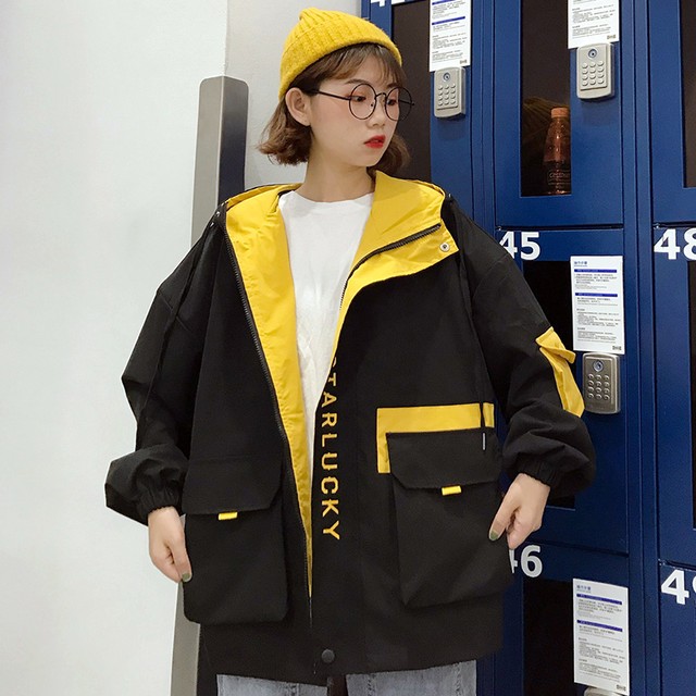 オルチャン ロゴ アウター 韓国ファッション 春 秋 パーカー ストリート 原宿系 ブラック イエロー ベージュ カジュアル 大きめ K504 Korean Select 韓国ファッション オルチャンファッション