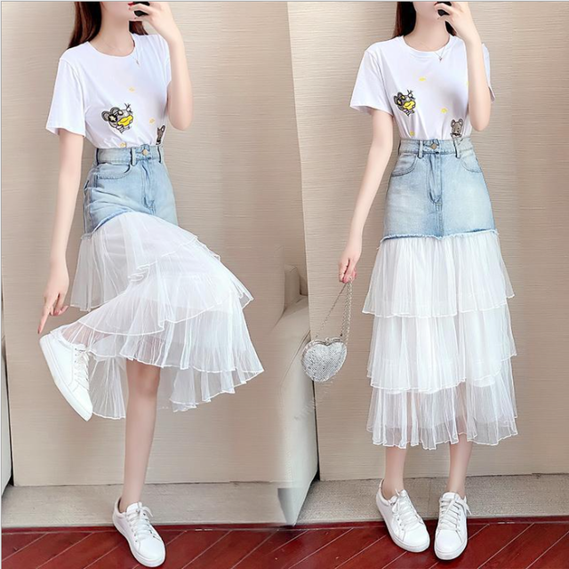 Set 美人度アップ清新セットアップ 刺繍tシャツ 切り替えデニムスカート Nanastyle