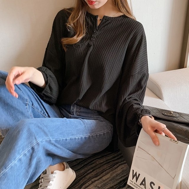 ワッフル カットソー 春トップス レディース 春服 韓国 ファッション レディース ヘンリーネック カットソー ゆったり オーバーサイズ ワッフルニット トップス ロングｔシャツ 春夏 Vestito