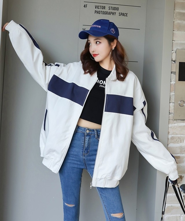 ジップアップブルゾン ジップアップ ブルゾン レディース バックプリント バックイラスト ロゴ入り アウター カジュアル ラフ バイカラー 長袖 薄手 韓国 オルチャン 韓国ファッション 秋冬 秋 冬 新作 春夏 春 夏 Ut 0730 Musubi Me 韓国 オルチャン レディース