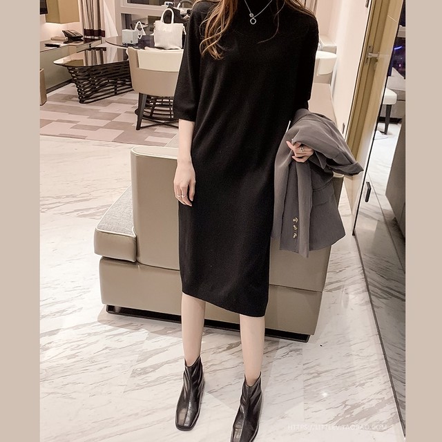ニット ストレートラインワンピース 7分袖 ハイネック 春服 秋服 冬服 通勤 レディース I0542 Aeka Clothet For Worker