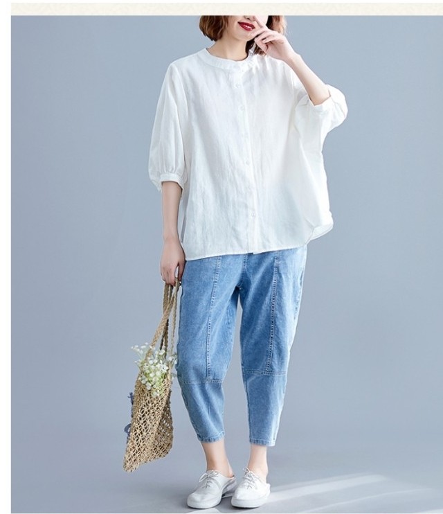韓国 冬服 レディース 大きいサイズ ランタンスリーブ リネン半袖シャツ 夏シャツ 通勤コーデ ドルマンスリーブ ラウンドネック ゆったり Basecamp49