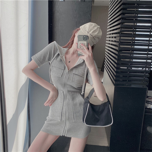 フード付き 半袖スウェットワンピ Loner Select 韓国ファッション 海外ファッション セクシーコーデ ギャル服