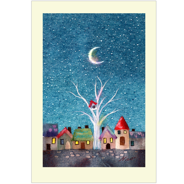 小鳥のおうち 月夜の街並みに真っ赤な鳥小屋 三日月も印象的なイラスト ポストカード 和紙絵工房 和紙絵作品のプリントweb通販