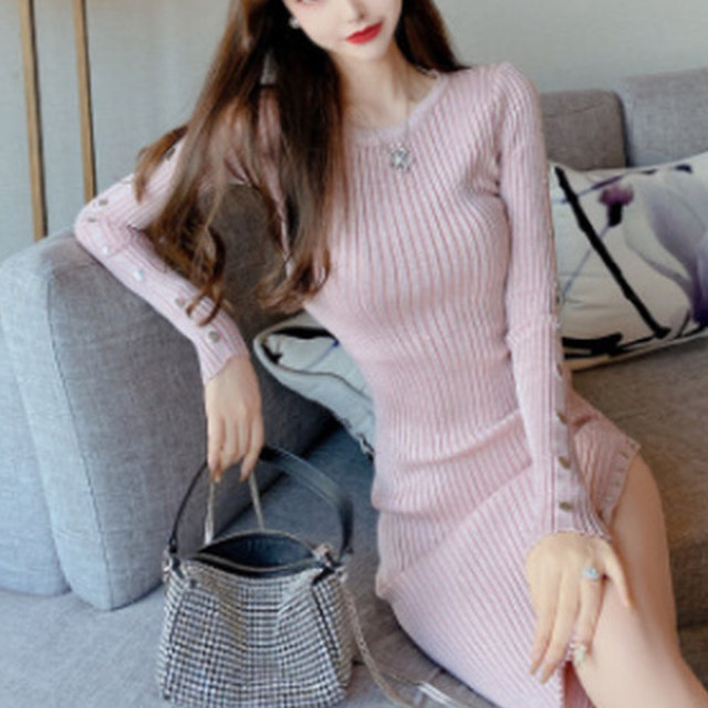 ニットワンピース タイト 秋冬 冬 ニットワンピ ラウンドネック ひざ丈ワンピ スリット レディース フェミニン セクシー 肌見せ 長袖 ゆったり 体型カバー 着痩せ 大人可愛い セクシー フェミニン こなれ感 きれいめ エレガント 大人女子 Ok233 Sunny Place