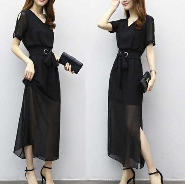 ロング丈 ワンピース Vネック 半袖 セクシー シースルー シフォン サイドスリット ロングワンピース デート お出かけ お呼ばれ 夏 ブラック Happy And Active