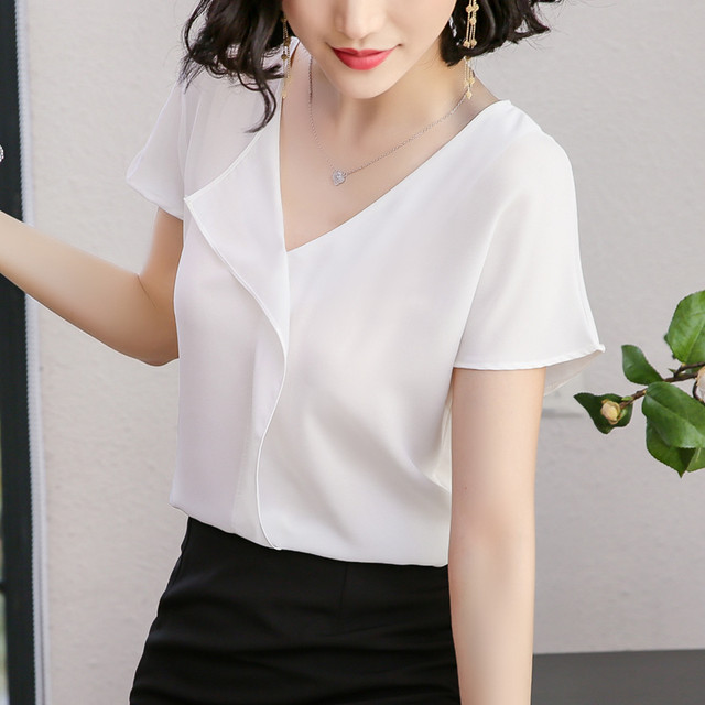 フレンチスリーブ Vネック シフォンブラウス 白シャツ 半袖 夏服 通勤 レディース トップス I0286 Aeka Clothet For Worker
