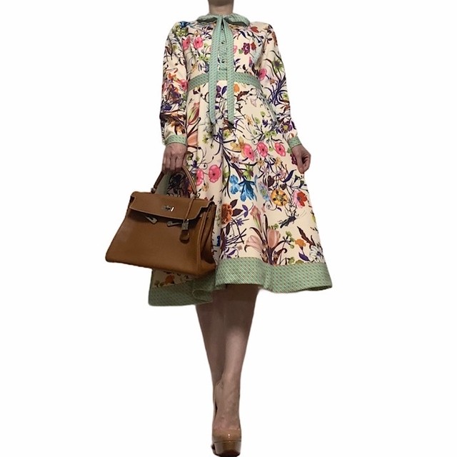 ベージュ グリーン 花柄リボンワンピース Mistyselect