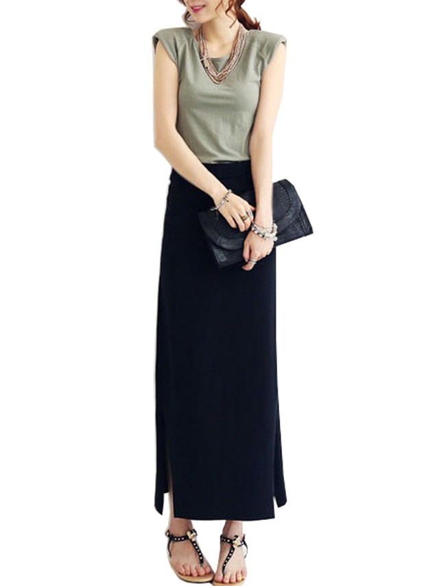 部屋着にも レディース ロング丈 楽々タイトスカート ミモレ丈 ハイウエストコットンスウェットマキシスカート スウェット スカート ロング スリット ロングスカート レディース コットン ブラック タイトスカート マキシ丈 ロング丈 スウェットスカート 部屋着 楽ちん