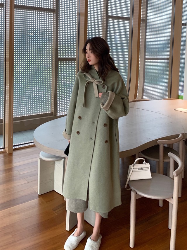 コート ロング アウター リボン リボンタイ 長袖 パステルカラー ウール 大人可愛い 上品 きれいめ 通勤 お出かけ デート 食事会 レディース グリーン ウッディーベース1号店
