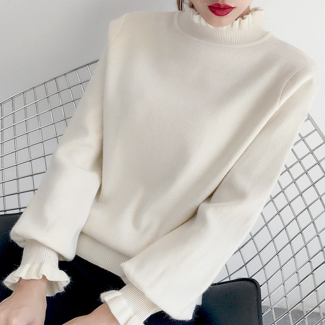 即納 タートルネック ニット ボトルネック フリル袖 セーター Ruru