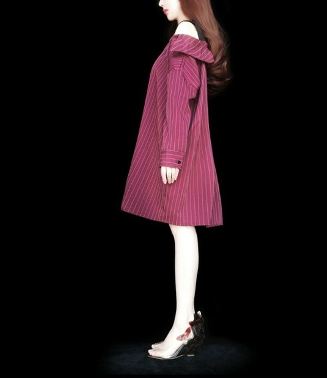 レイヤード風シャツワンピース ワンピース シャツ レイヤード ルーズ オーバーサイズ オフショルダー カジュアル ゆったり お出掛け デイリー Aero True