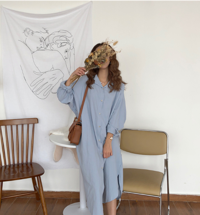 シャツワンピース ロング丈 ゆったり ベーシック 大人ナチュラル シンプル カジュアル 大きいサイズ シャツワンピ 春服 夏服 韓国系 ファッション C1379 Idear