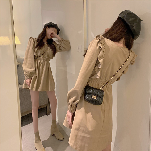 レディース ワンピース 春 夏 秋 冬 Aライン スカート 長袖 スタイルアップ フリル ワンピース シンプル ガーリー カジュアル おしゃれ 大人 可愛い キュート お出かけ デート 通学 キャンパス 通勤 オフィス 学生 旅行 女子会 普段着 ベージュ アプリコット Hf