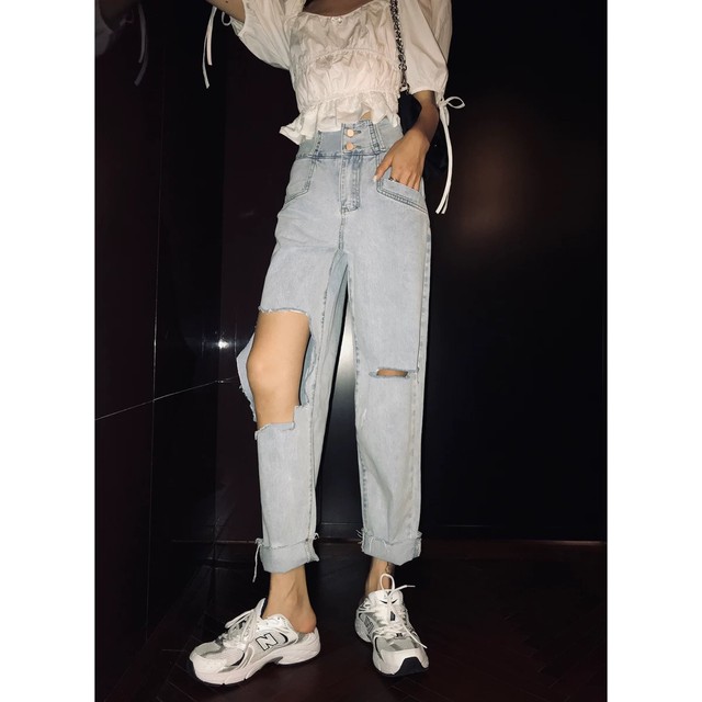 high waist damage light pants