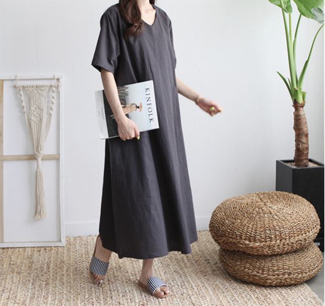 Vネック リネン マキシワンピース 便利なポケット付き アパレルショップ Be My Self