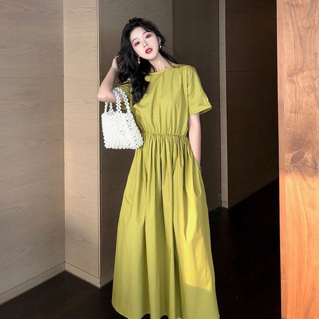 即納 マキシワンピース 半袖 Vネック ハイウエスト グリーン オレンジ 無地 2way バックシャン カジュアル リゾート 夏 おしゃれ Fsk1158 Alice Mode アリスモード