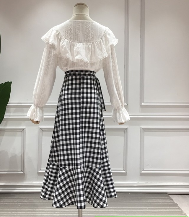 ギンガムチェックスカート ロングスカート チェック柄 フィッシュテール エレガント 上品 フェミニン 代 30代 ロング丈 レディース お出かけ 40代 フリル お呼ばれ 新作 春 夏 ハイウエスト An Allure