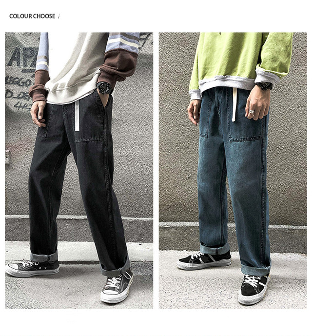 Fojagantoトレンドメンズストレートジーンズメンズeseソリッドカラーワイドレッグパンツレトロウォッシュジーンズメンズ ワイドパンツ Fojaganto Efect