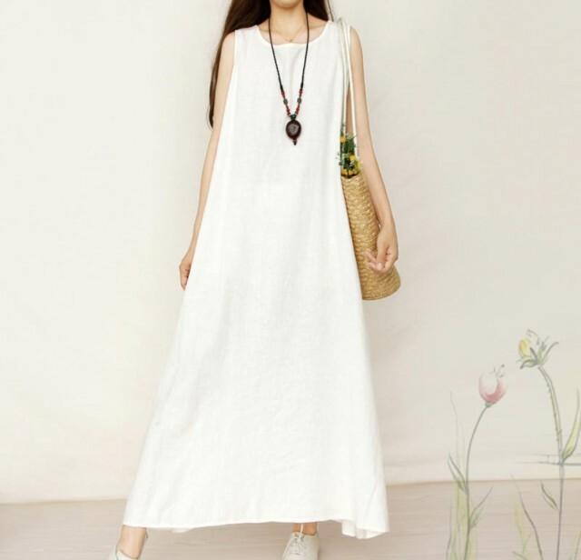 ワンピース 麻 ロング丈 ノースリーブ 代 ピンク 白 オレンジ フラワー 紺 無地 花柄 ゆったり シンプル オールインワン 春夏 Seaside Hanano