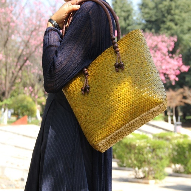 アジアンテイストかごトートバッグ 大きめ 可愛い お洒落 お出かけ リゾート バッグトゥーザフューチャー