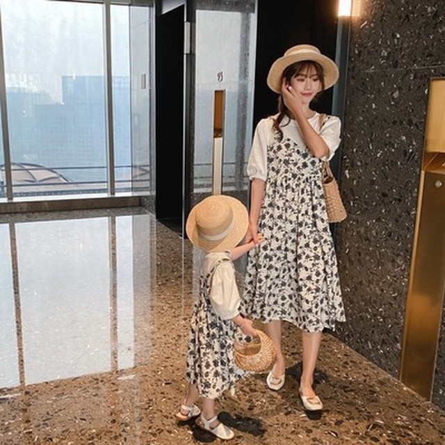 女の子 2点セット Tシャツ ワンピース 花柄 可愛い 90 140 ママ用有 親子 親子コーデ Dyh海外子供用品