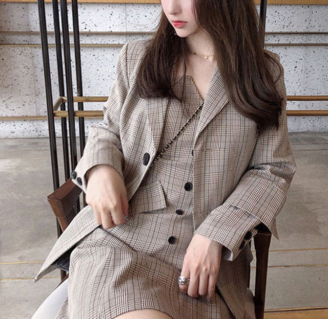 お洒落 セットアップ ワンピ テーラードジャケット レディース チェック柄 ハイウエスト お呼ばれ 通勤 秋冬 カーキ ウッディーベース1号店