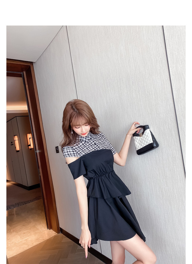Dress おしゃれ ファッションチェック柄切り替え肩出しデートワンピース Nanastyle