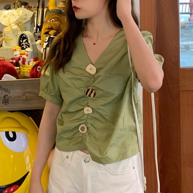 Vネック ブラウス パフスリーブ 半袖 ブラウス トップス レディース 夏 きれいめ レディース 韓国ファッション 直輸入通販 セクシーワンピース クールカジュアル 全品送料無料 Ukky Franky