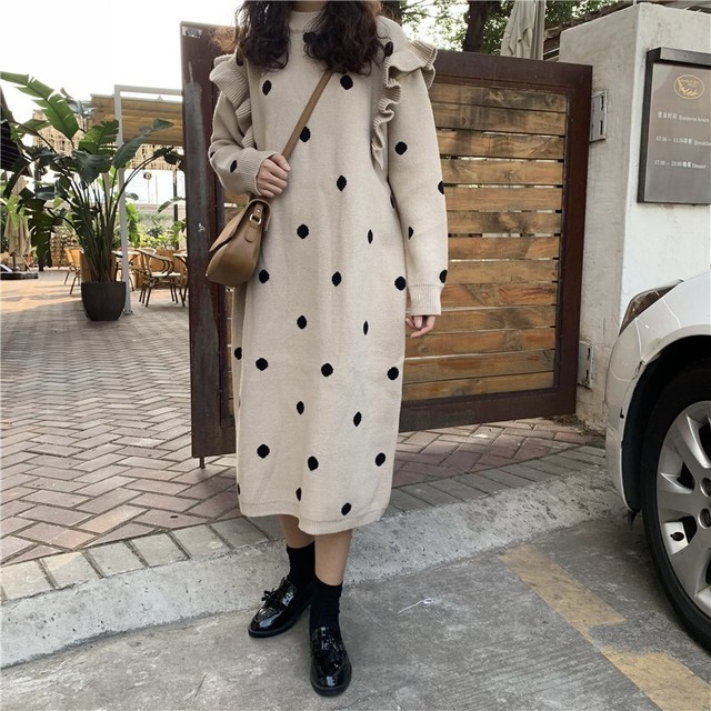 660 大人かわいいフリル付きのドット柄ニットワンピース アプリコット 海外のプチプラきれいめカジュアルレディースファッション Pakaian Lucu 海外のプチプラきれいめカジュアルレディースファッション Pakaian Lucu