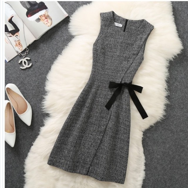 大人 ワンピース タイト 膝丈 大きいサイズ ワンピース ウール チェック柄 ドレス リボン ネイビー クルーネック タイト スタイリッシュ Basecamp49