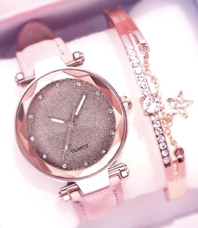 星空のような文字盤 ピンクゴールドのブレスレット付き 腕時計 レディース 新品 フレア