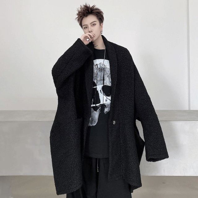ウールコート 冬 オーバーサイズ ルーズ ウィンドブレーカー シングルブレスト ポケット ロングテール 無地 ワントーン ブラック 黒 もこもこ メンズ 韓国 カジュアル 大人カジュアル シック シンプル モード お支払い後日以内に発送 Out277 Garcons