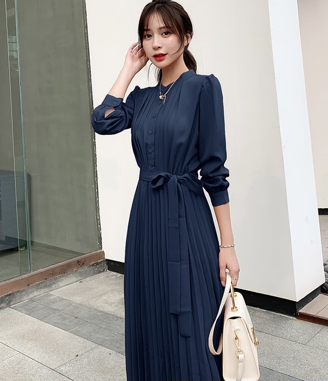 レディース ワンピース 七部袖 ハイウエスト アコーディオン ロング マキシ丈 ロングワンピース Core Core Core Link