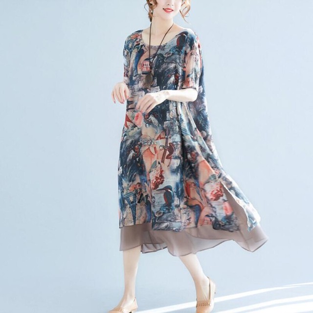 プラスサイズ18夏の女性のシフォンドレスビーチの葉プリント緩い甘いファッションカジュアル半袖エレガントな新しいドレスly878flower Color はっぴいふぁくとりぃ