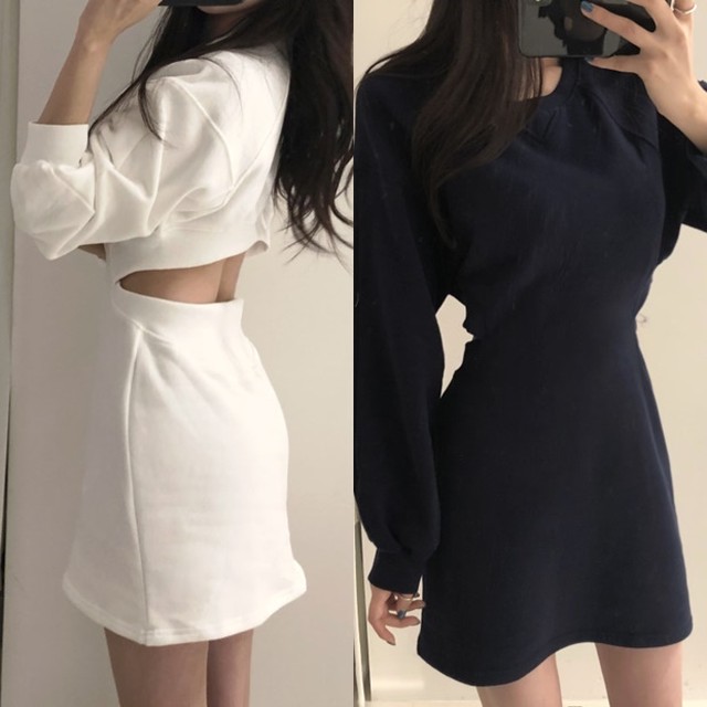 ミニワンピース 春 スウェット ワンピース 韓国 ファッション 春服 レディース バックシャン カットアウト セクシー ワンピ ラグラン袖 ボリューム袖 くすみピンク オフホワイト ネイビー ワンピース ミニ丈 Vestito