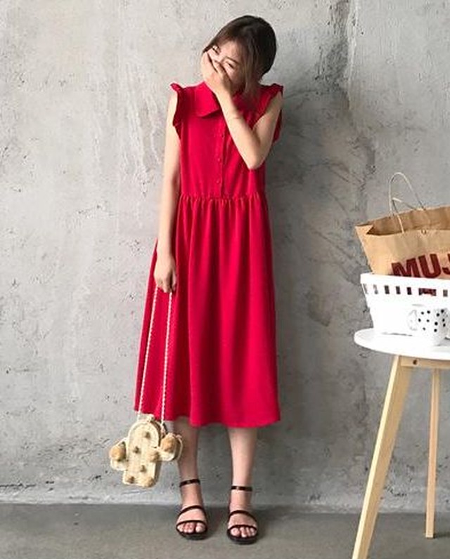 ノースリーブ 膝下丈 ワンピース レッド 丸襟 前ボタン 袖フリル 夏の新作 お嬢様 レトロ レディース Sc030 ワンピの里