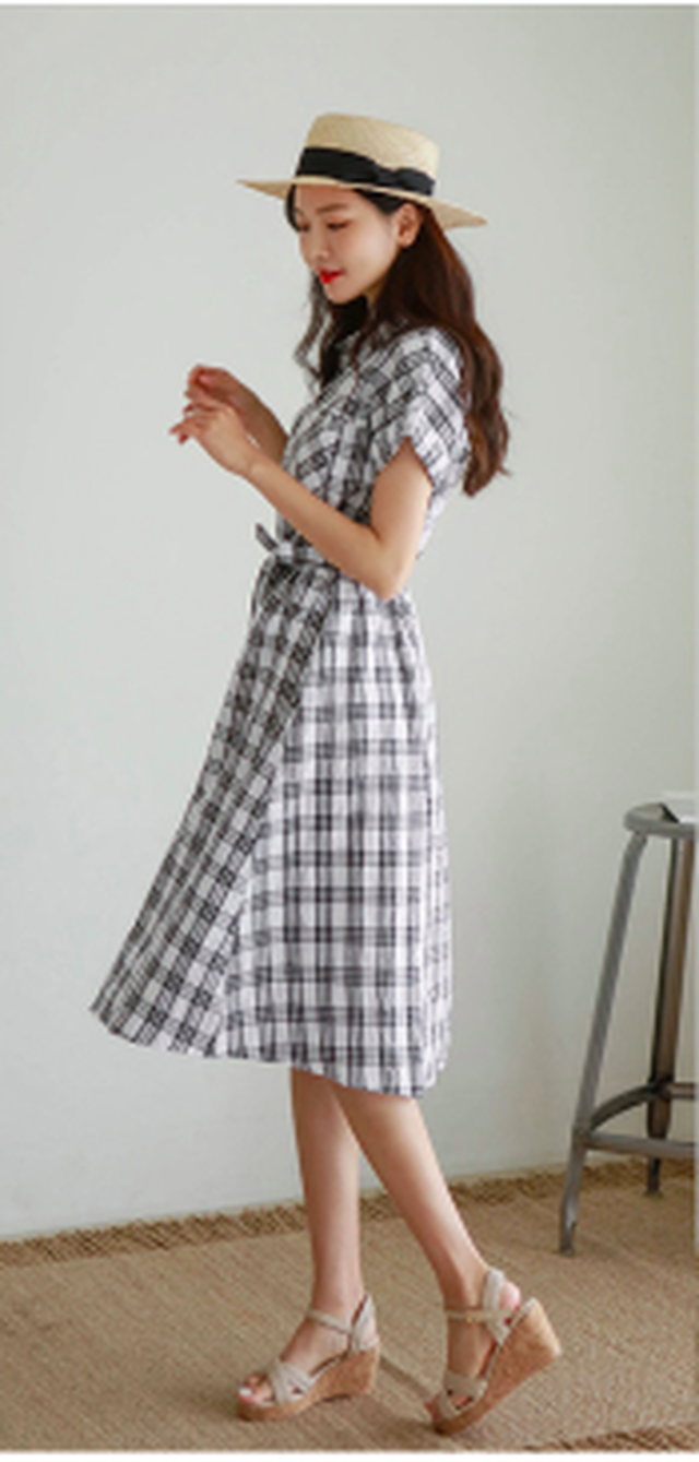 タータンチェック ワンピース レディース シャツワンピース 半袖 ひざ下丈 ブラック 大人可愛い ガーリー 韓国 お呼ばれ お出かけ デート 女子会 春夏 ｘライン チェック柄 リボンタイ Rightsight