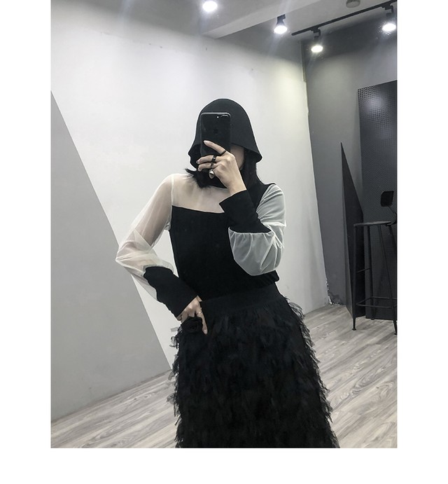 トップス メッシュ 透け感 ハイネック 個性的 モード系 スタイリッシュ ブラックコーデ モノトーンコーデ 個性的コーデ ブラックトップス 注目 Uki Uki