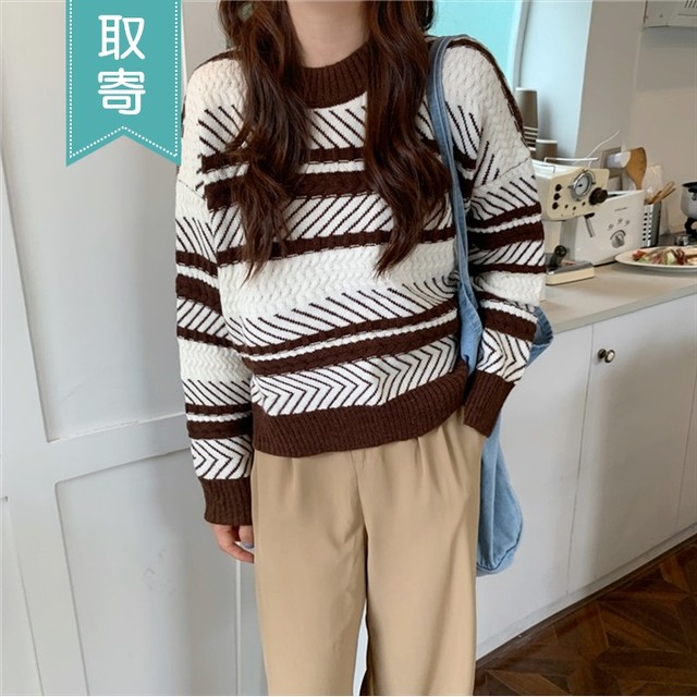 バイカラー 斜め ボーダー セーター 長袖 ドロップショルダー レトロ 暖かい デート レディース カジュアル 可愛い キュート 幾何学模様 秋 冬 ゆるニット 取寄 発送目安14 21日営業日 Laff Store 会社情報 納期の確認をお願いします