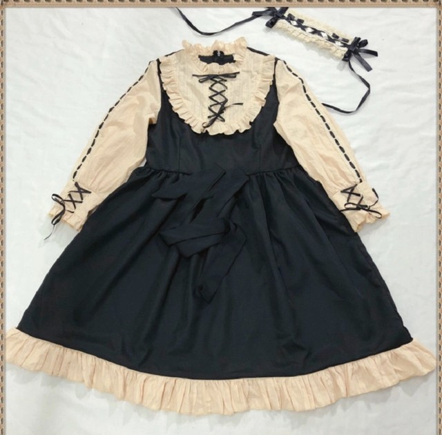 お取り寄せ商品 ワンピース ドレス ロリィタ ロリータ フリル リボン 長袖 秋 冬 春 ゴシック 2点セット ヘッドドレス ゆめかわいい 病みかわいい アンティーク Candy Melts