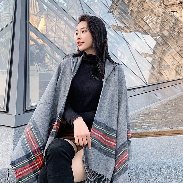 フード付き マント コート ショール カーディガン レディース チェック柄 スカーフ 暖かい 秋冬 ストライプ ゆったり 羽織り ケープ トップス 長方形 大人 きれいめ デイリー チェックグレー Sea Sign Post