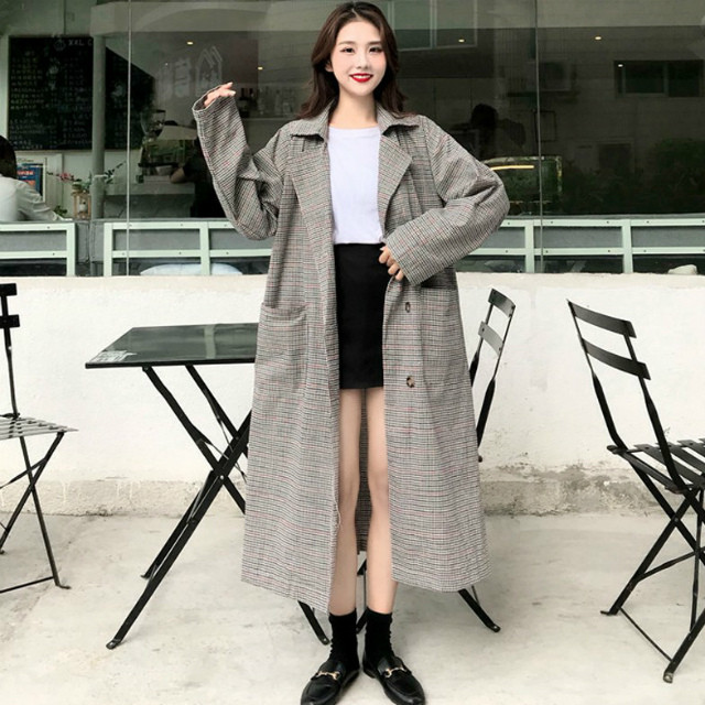 トレンチコート スプリングコート ウエストベルト チェック柄 変形トレンチ ウエストリボン リボンベルト ロングコート アンクル丈 Seriep