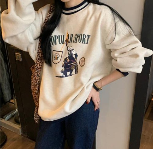 Yuzki 韓国ファッション シンプル カジュアル トップス トレーナー ストリート ストリート女子 レディースファッション 長袖 冬服 プチプラコーデ Yuzki