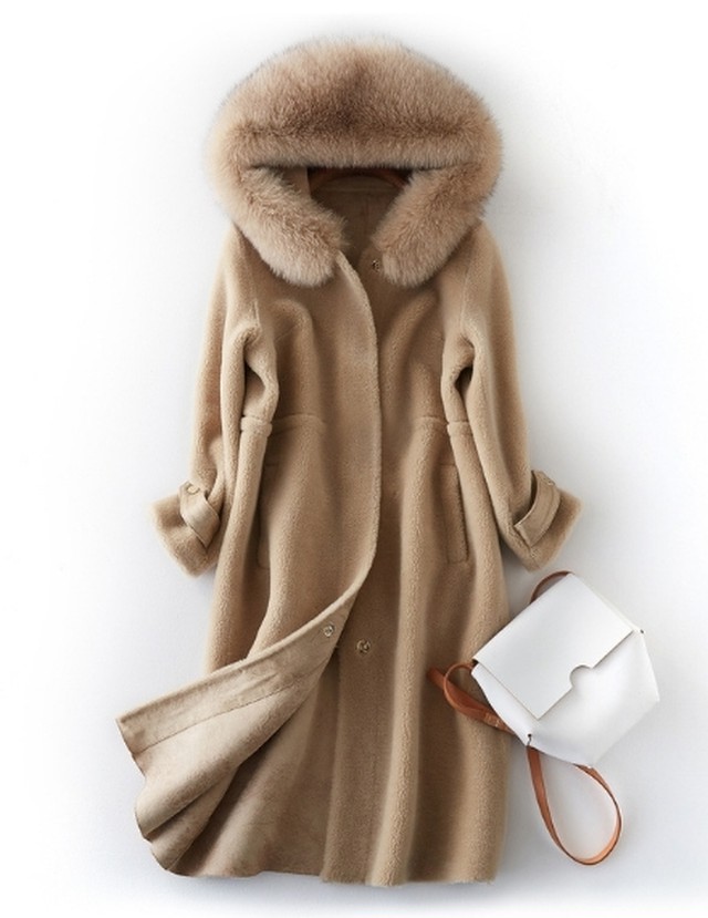 極上 希少価値 レディースカシミヤコート中長セクション コンポジットファーコート ウールコート本物のキツネ毛皮の襟 吉田ファッションセンター