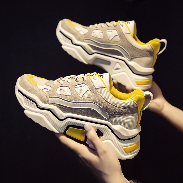 直輸入 新作 レディース 厚底 レースアップ カジュアル スニーカー イエロー ホワイト 海外インポート Shoes Chou シューズシュー